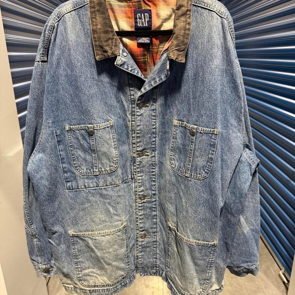 Vintage 90s GAP Denim Chore Jacket Flannel Lined Corduroy Collar Blue XL